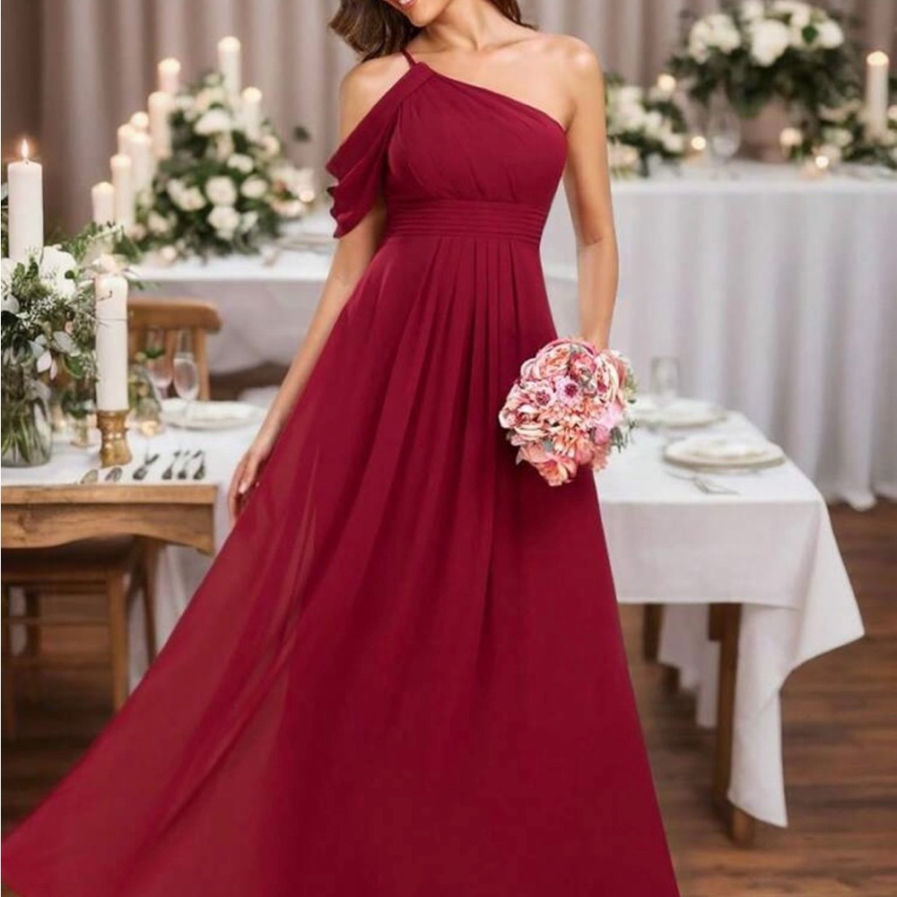 SHEIN One-Shoulder Burgundy Formal Gown